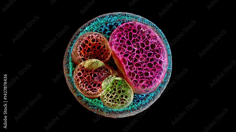 Poster ivf and science concept, abstract representation of interconnected cells with vibrant colors on a da