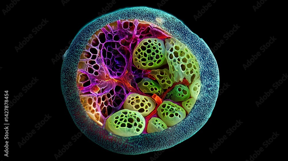 Aufkleber ivf and science concept, microscopic view of colorful cell structures showcasing intricate details.
