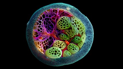 IVF and Science concept, Microscopic view of colorful cell structures showcasing intricate details.
