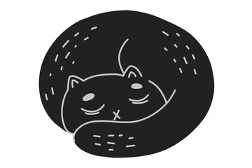 Cute sleeping cat. Cartoon cat curled up and sleeping. Black Halloween cat. Stock vector illustration isolated on white background.
