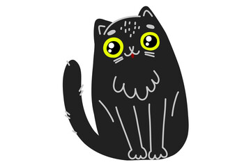 Cute cartoon black cat. Black pet cat for decorating card sits and watches. Stock vector illustration isolated on a white background.