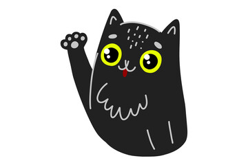 Black cat says hello. Cartoon Cat waves his paw. Animal greets. Black Halloween kitten raised his hand. Hand-drawn vector illustration isolated on white background.