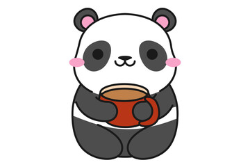 Cute cartoon panda with cup of coffee. Kawaii cartoon panda bear. Mascot, logo, little bear icon. Stock vector illustration isolated on a white background.