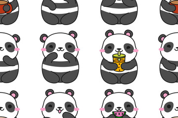 Cute cartoon panda seamless pattern. Kawaii panda bamboo bear seamless pattern for printing on wrapping paper, fabric, clothing. Stock vector illustration on white background.