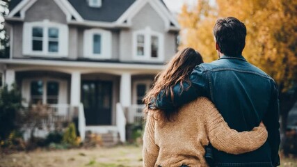 Couple admiring their new home with arms around each other
