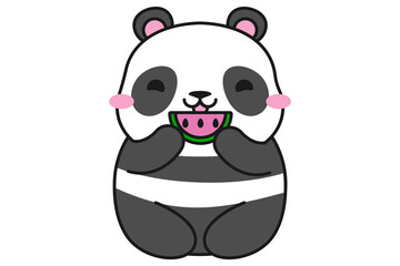 Cute panda eating watermelon. Kawaii cartoon panda bear. Mascot, logo, little bear icon. Stock vector illustration isolated on a white background.