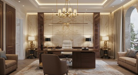 Office Room Interior with Desk, Chair and Sofa