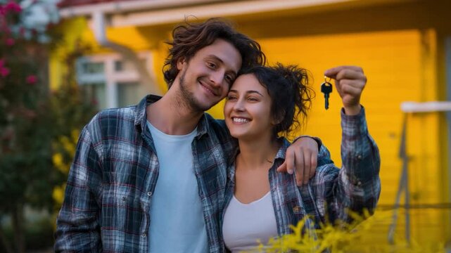 Young couple holding house keys with joyful expressions outside their house