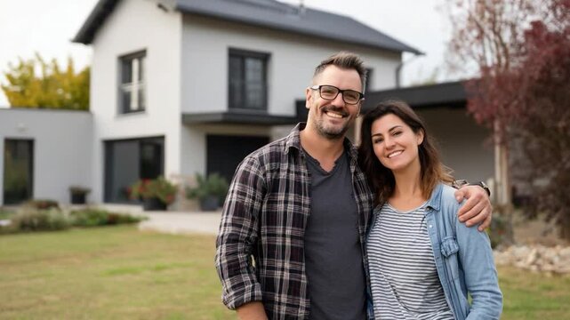 Young couple holding house keys with joyful expressions outside their house