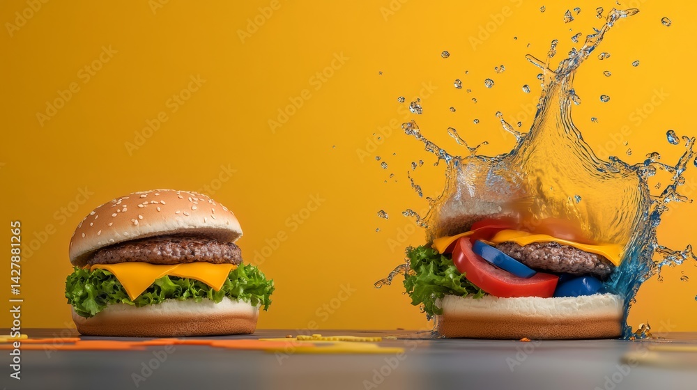 Poster two hamburgers are shown side by side, one with a bun and the other without. the hamburger without a