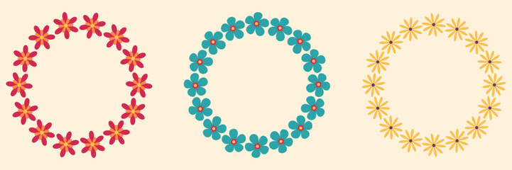 Groovy style flowers wreaths set. Circle frames collection. Simple flowers minimalistic style. Geometric flower. Vector illustrations. Retro bright flowers