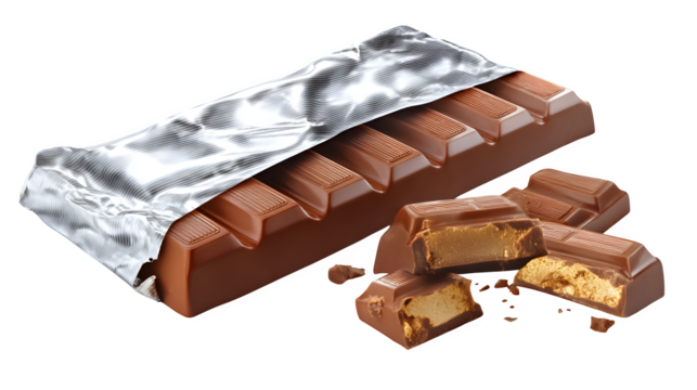 Chocolate bar with segments and foil, isolated on a transparent or white background