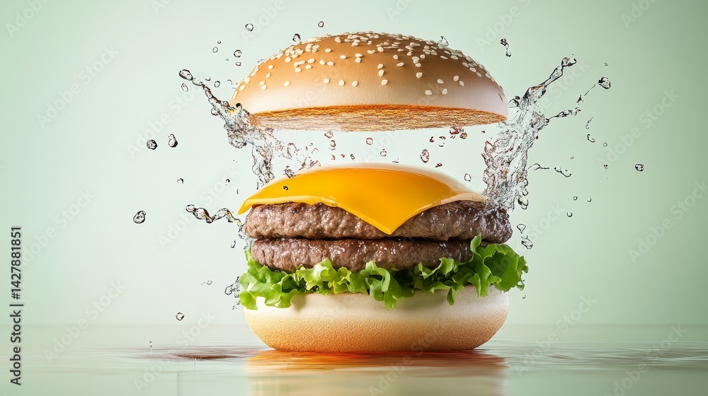 Poster hamburger with a slice of cheese on top of it is shown with water splashing around it. the image has