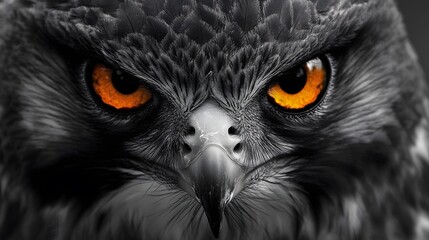 A close-up of a falcon is face with intense golden eyes