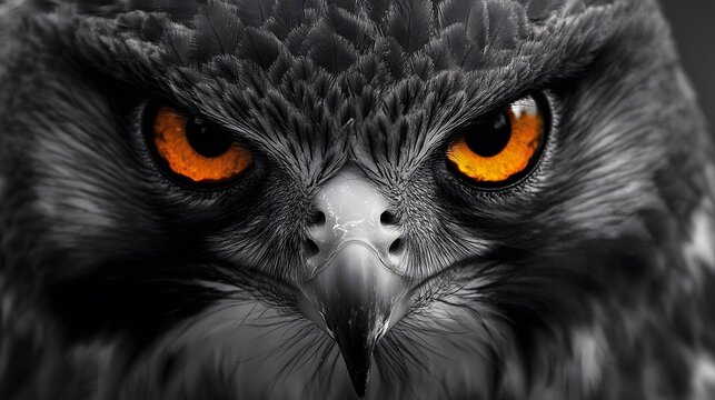 A close-up of a falcon is face with intense golden eyes
