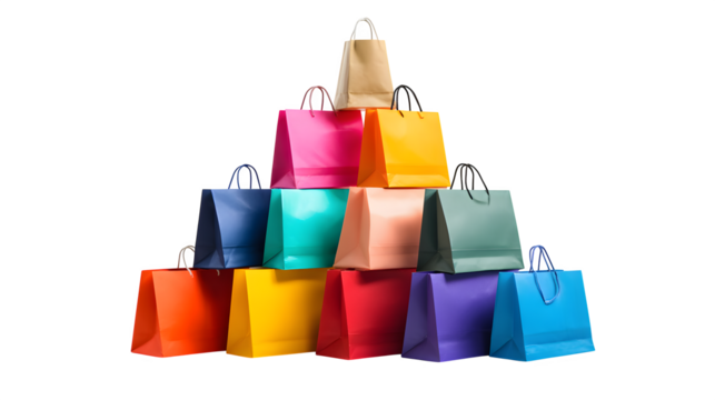 Colorful shopping bags stacked in a pyramid isolated on white background