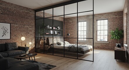 Modern Industrial Apartment Interior Design with Glass Room Divider