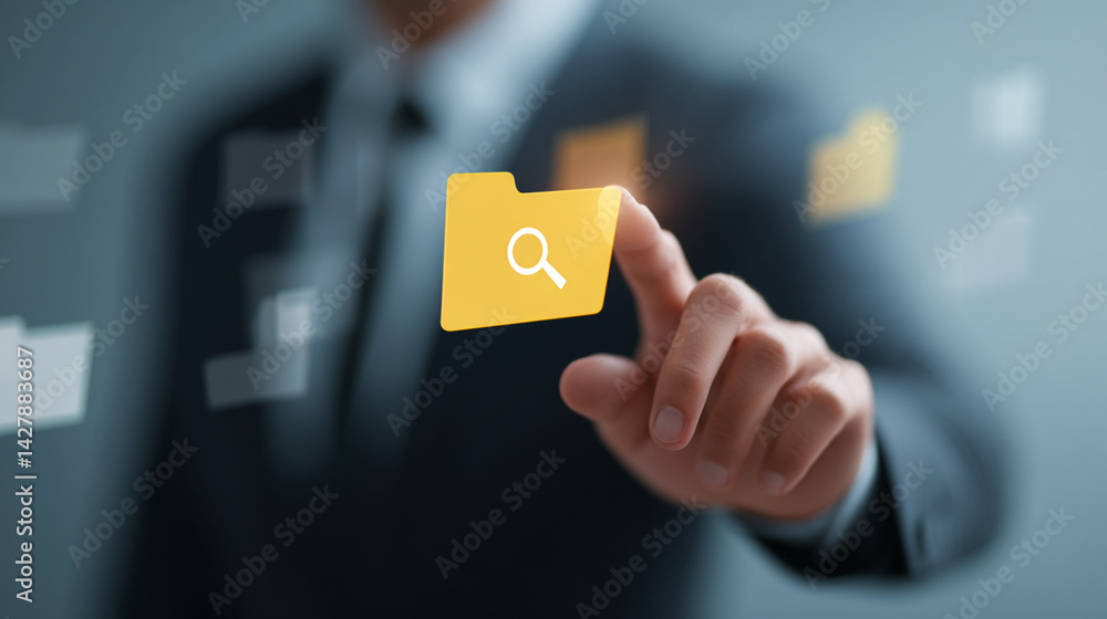 Poster searching for files folder management system digital document organization and data storage solution