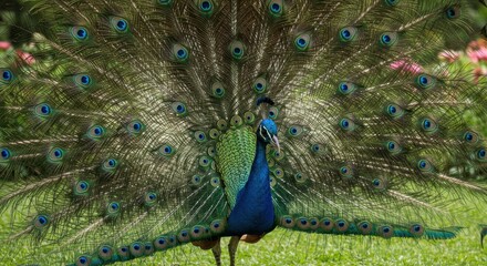 Obraz premium Peacock displaying full tail feathers nature photo