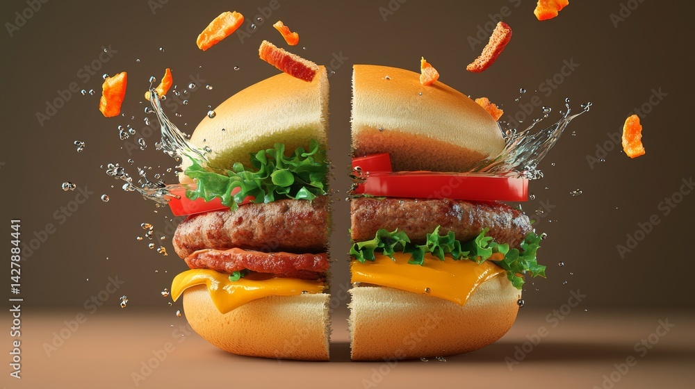 Poster close up of a hamburger with a slice missing. the burger is surrounded by water droplets, giving the