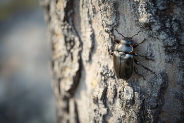 Dark beetle clinging to rough tree bark.