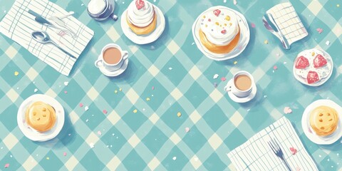 Pastel-toned picnic spread of desserts and drinks.