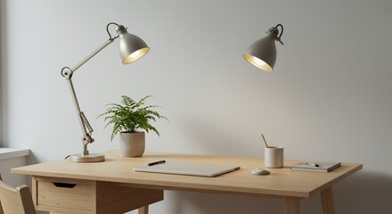 Modern Minimalist Home Office Desk Setup with Two Articulating Lamps