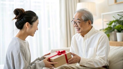 Obraz premium 贈り物を通じて伝わる感謝と敬意 - 日本のおもてなし文化の継承者たち - 心温まる接客シーン - 生成AI