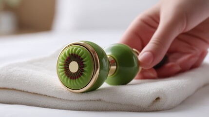 Elegant Facial Roller in Hand on Soft Towel in Spa Setting for Skincare Routine