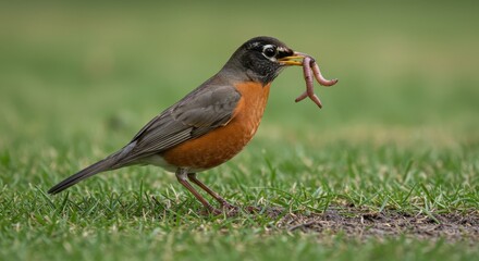 Fototapeta premium Robin eating worm in grassy garden