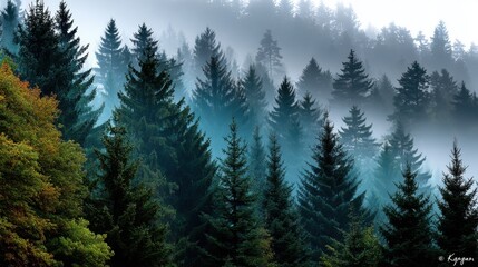 Fototapeta premium Misty Forest with Tall Evergreen Trees and Morning Fog in a Mountain Landscape