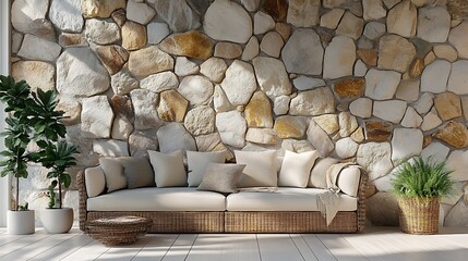 Cozy rustic stone wall with soft golden lighting