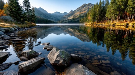 Serene mountain lake with clear reflections surrounded by pine trees and rocky shoreline in a peaceful wilderness scene