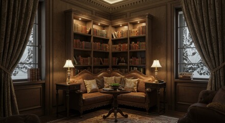 Cozy Library Interior with Bookshelf, Sofa, and Lamps