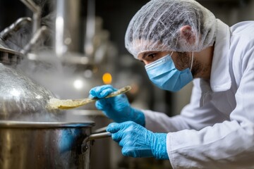 Food Production Worker Checks Boiling Gelatin in Stainless Steel Pot