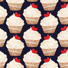 Seamless pattern for kitchen decor and more. Delicious cupcake with whipped cream and caramel heart. Vector cartoon illustration of sweet food.