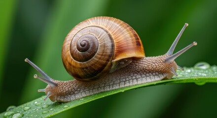 Snail crawling on blade of grass
