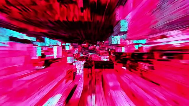Digital high speed data stream Tunnel with Pixelated Red Structures cyber grid