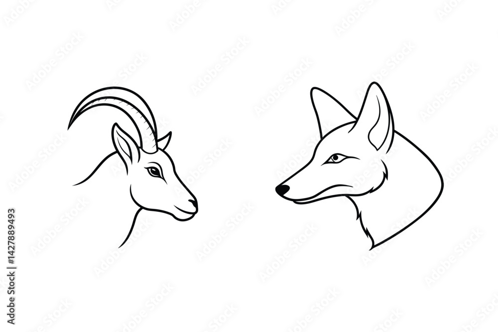 Poster simple outline drawing of ibex head and coyote head isolated on white background minimalist vector i