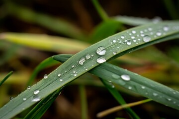 Naklejka premium Dew-Kissed Blade: Intricate Detail of Grass with Water Droplets Reflecting Light