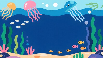 カラフルな水中シーン 鮮やかな青色の大海原に泳ぐ様々な魚とクラゲ 水中世界のイラスト