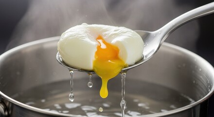 Soft boiled egg being lifted from pot