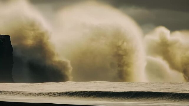 Powerful waves crash onto the black sand beach during a storm in Sandvik, Iceland, Black sand beach sandstorm Sandvik Iceland