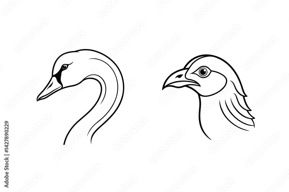 Poster elegant swan and sharp bird heads line art graphic design elements for creative projects