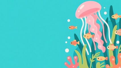 水色の背景にピンク色のクラゲとオレンジ色の魚たちのイラストレーション 海洋テーマのデジタルアート 美しい水中シーン 海洋生物のカラフルな装飾デザイン