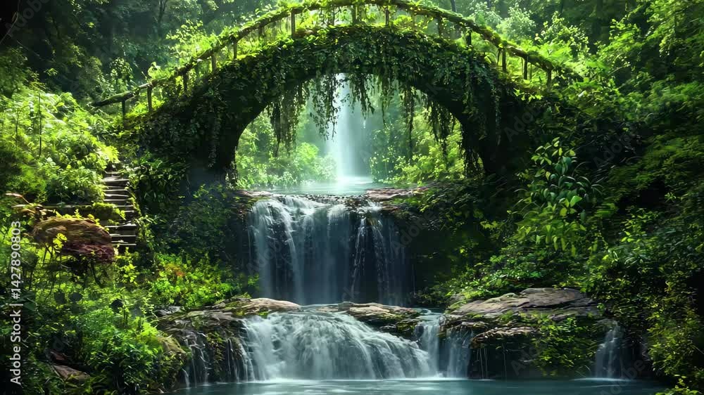 Poster lush forest with a tranquil bridge over a cascading waterfall under soft morning light, forest backg