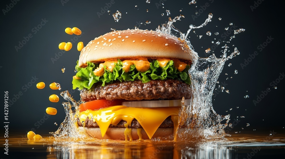 Poster burger with lettuce and tomato on it is being splashed by water. the burger is on a table and the wa