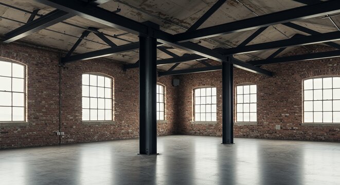 Spacious Industrial Loft Interior Design: Exposed Brick Walls, Steel Beams, and Large Windows