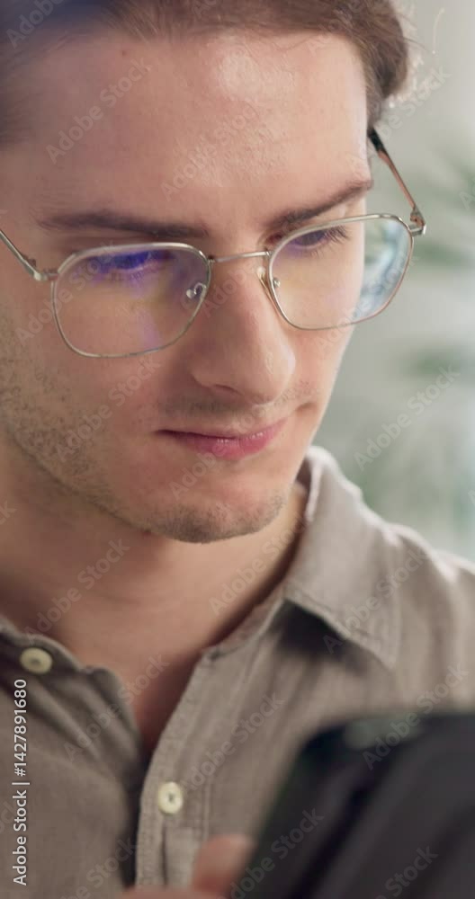Poster Man, glasses and tablet with reading at startup, software engineer and feedback for app beta testing. Review, analysis and scroll, check results with satisfaction for UX and UI at design agency