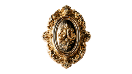 Ornate luxury badge with golden detailing on a light surface, isolated on white background